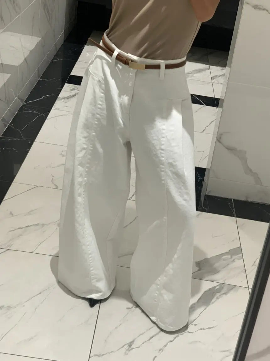 Women’s Korean-style Temperament High Waist Pleated Stitching Wide-leg Jeans