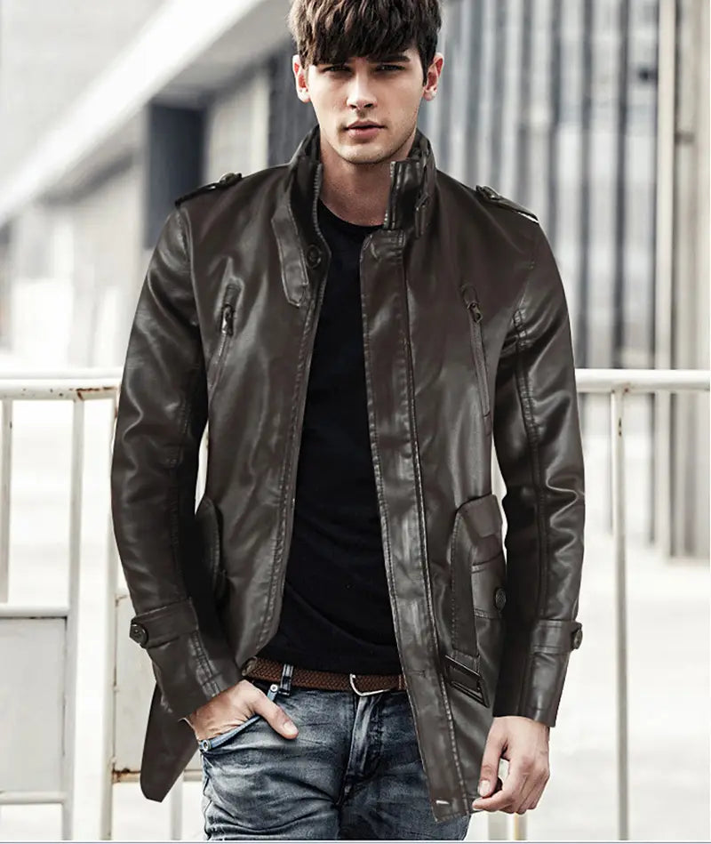 Men’s Mid-length Leather Coat Stand Collar Fleece-lined Thickened