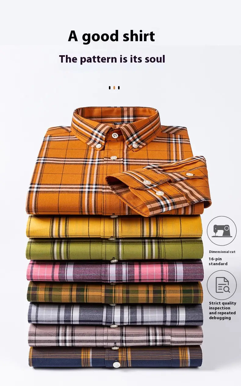 Men’s Xinjiang Cotton Plaid Buckle Collar Casual Cardigan Shirt