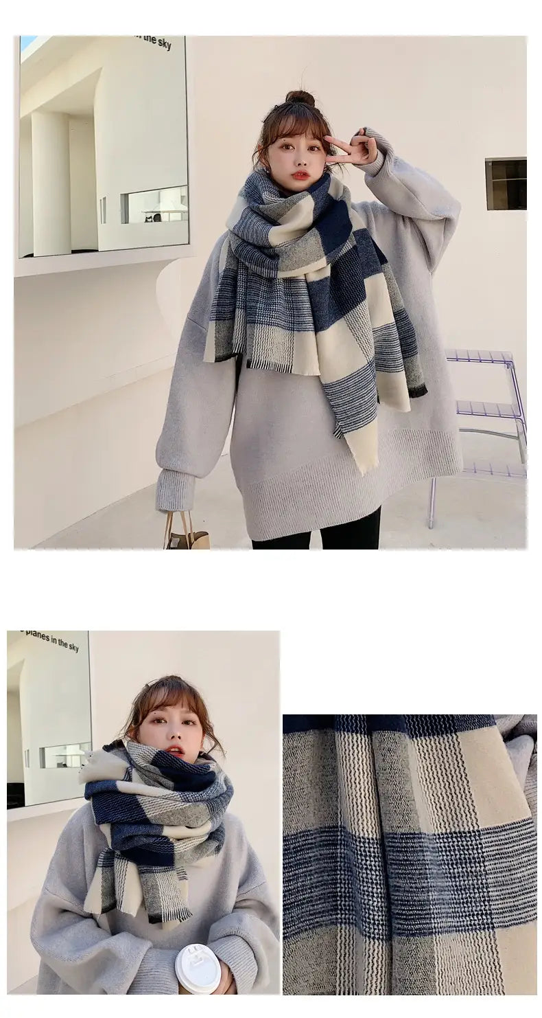 Women’s Japanese-style White And Blue Plaid Scarf