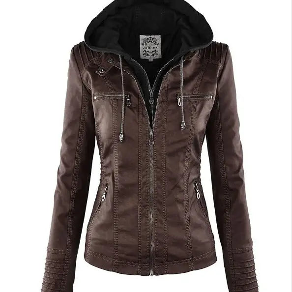 Women’s Detachable Lapel Long Sleeve Solid Color Zipper Leather Jacket Coat