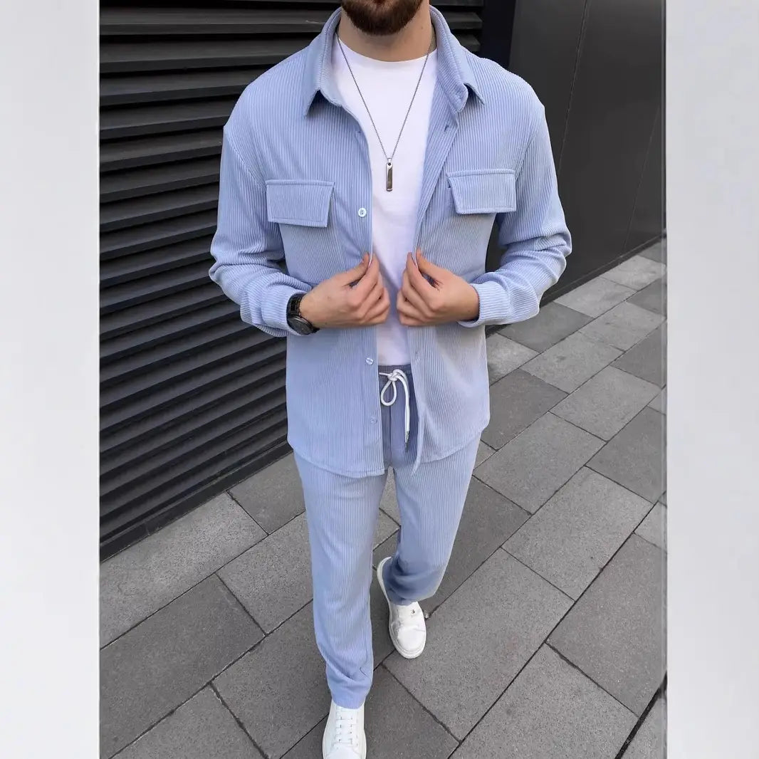 Men’s Corduroy Long Sleeve Lapel Shirt Trousers Daily Casual Suit