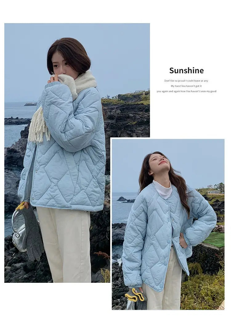 Korean Style Down Cotton Jacket Women’s Short Light Round Neck