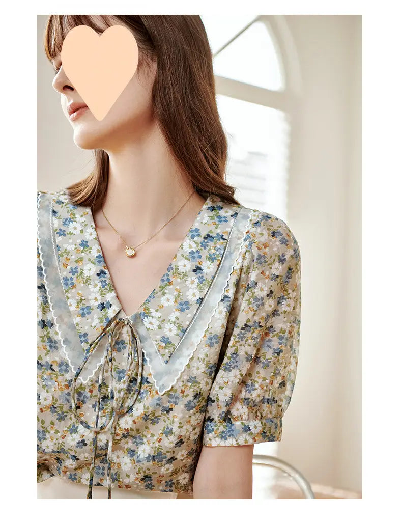 New Short Sleeve Elegant Slimming French Collar Design Floral Chiffon Shirt