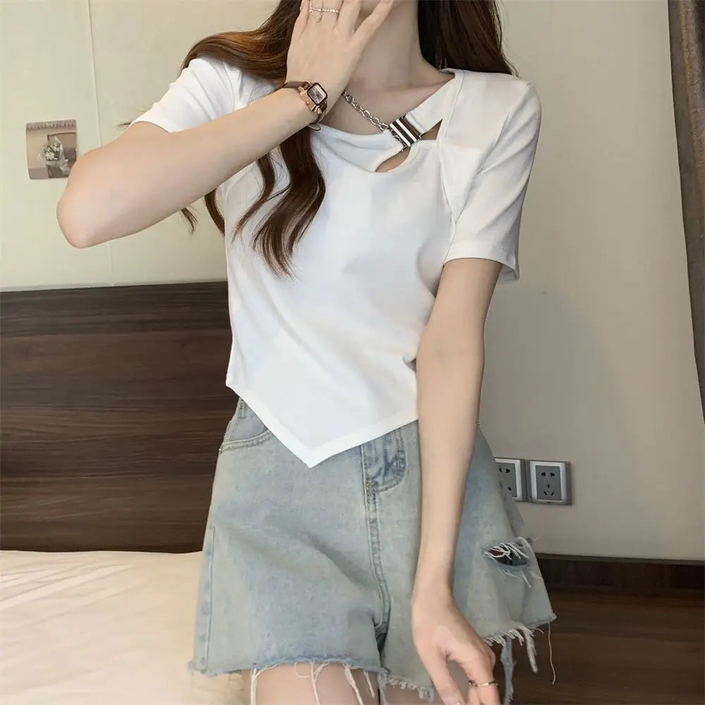 Slim Fit And Thin Cover Belly Hot Girl Irregular Short-sleeved T-shirt For Women