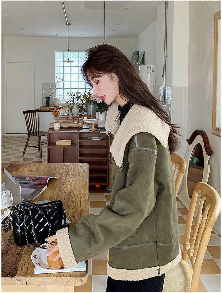 Women’s Korean-style Retro Green Suede Lambswool Coat