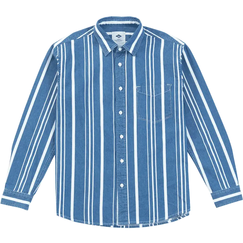 Men’s Loose-fit Autumn Washed Striped Denim Shirt With Chest Pockets