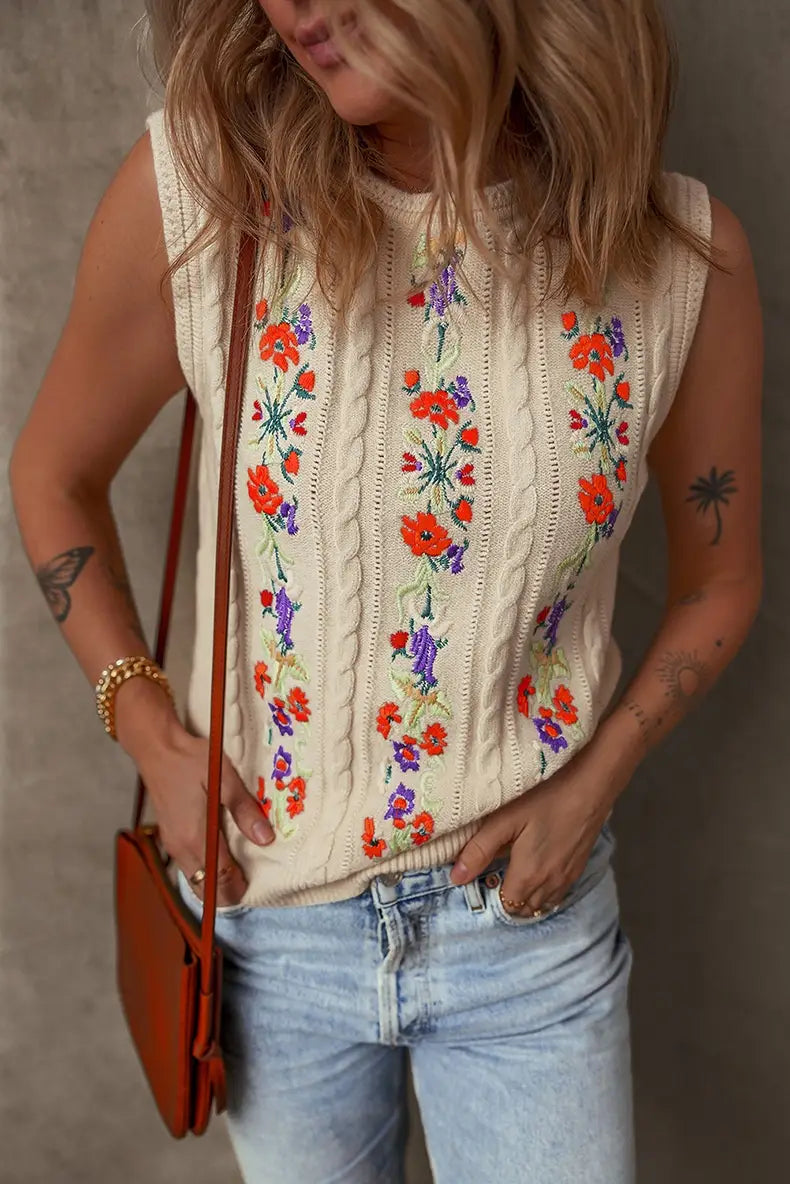 Fashion Floral Embroidered Knitted Vest For Women New Niche Retro Outerwear Sleeveless Top For Women