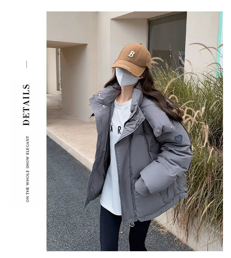 Gray With Heart Short Down Jacket Plus Size Women’s Bread Coat