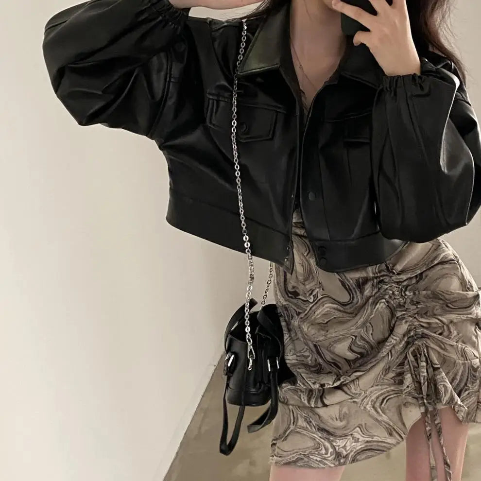 Chic Lapel Double Pocket Leather Top Leather Coat