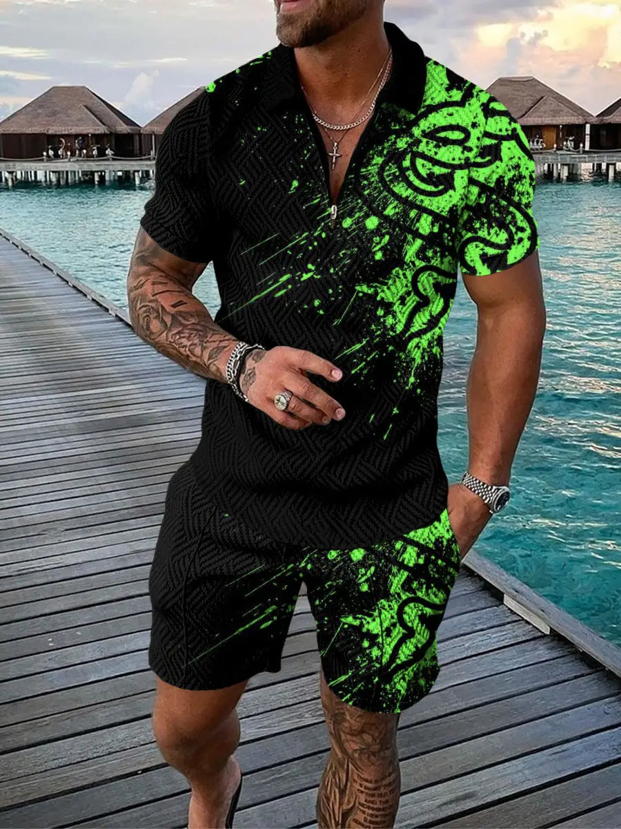 Men’s Summer Fashion 3D Printed Short Sleeve Geometric Zip Lapel Shirt Set