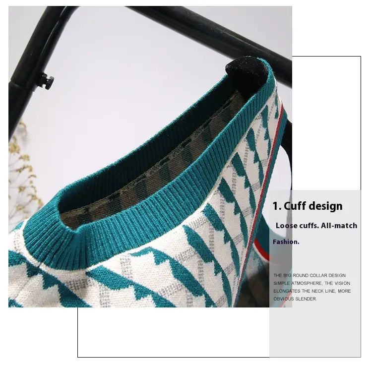 Retro Contrast Color Jacquard Ins Knitted Vest For Women