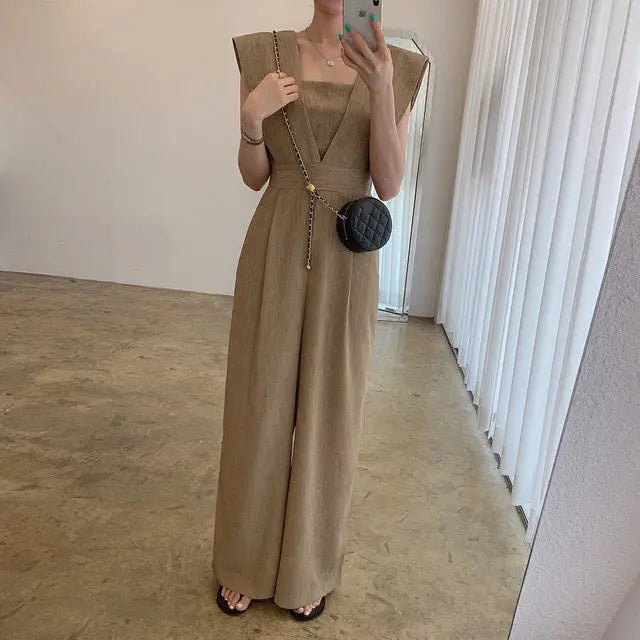 Women’s Chiffon Retro Sleeveless Jumpsuit Wide Leg Pants