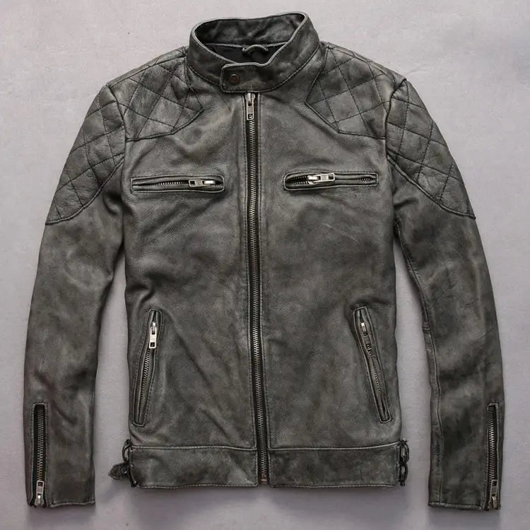 Men’s distressed stand collar leather jacket