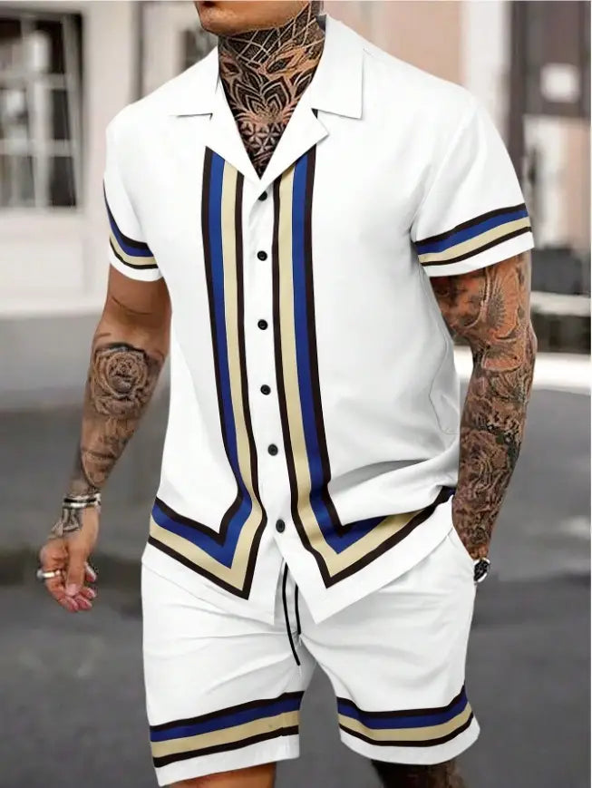 Fashion Men’s Cuban Collar Shirt Two-piece Set