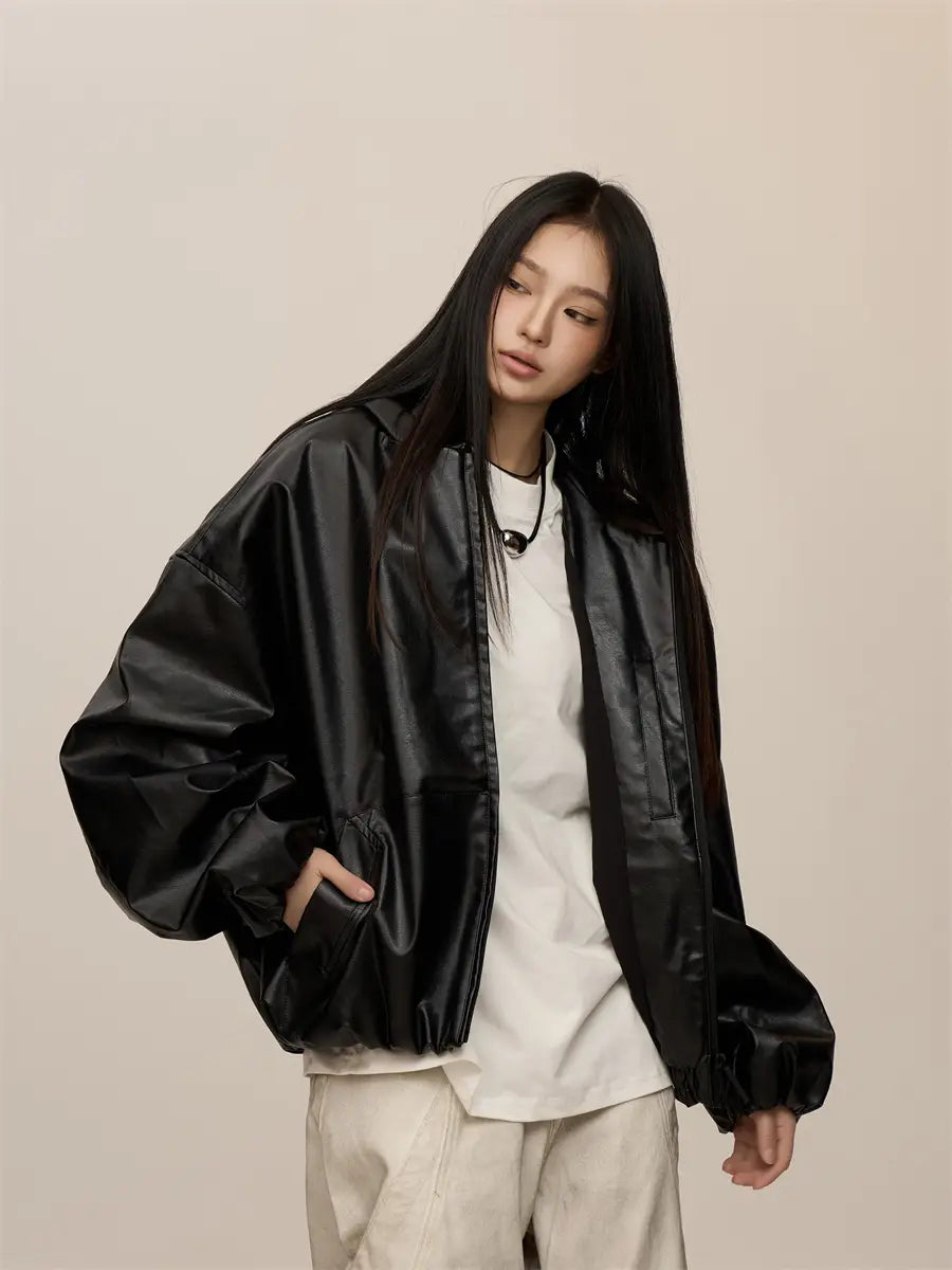 Women’s Black Hooded Leather Coat