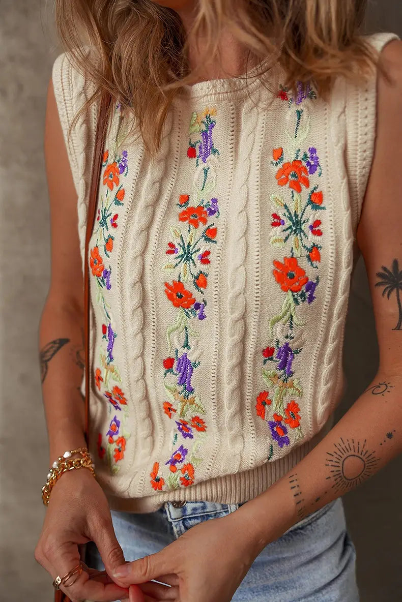 Fashion Floral Embroidered Knitted Vest For Women New Niche Retro Outerwear Sleeveless Top For Women