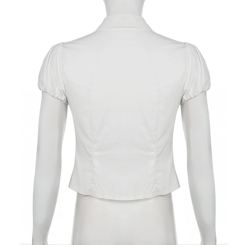 Solid Color Simple Waist Fitted Puff Sleeve Polo Shirt