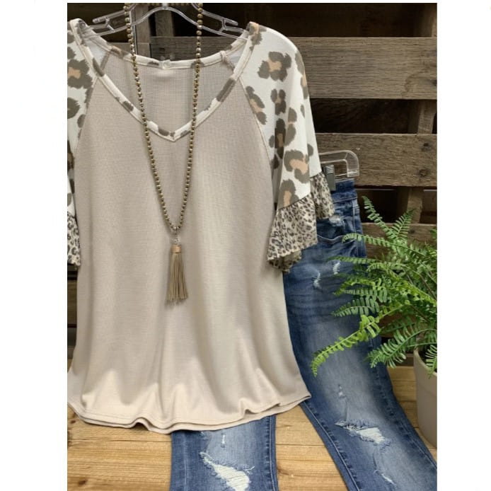 Waffle V-neck Leopard Print Stitching Casual Half Sleeve T-shirt Top