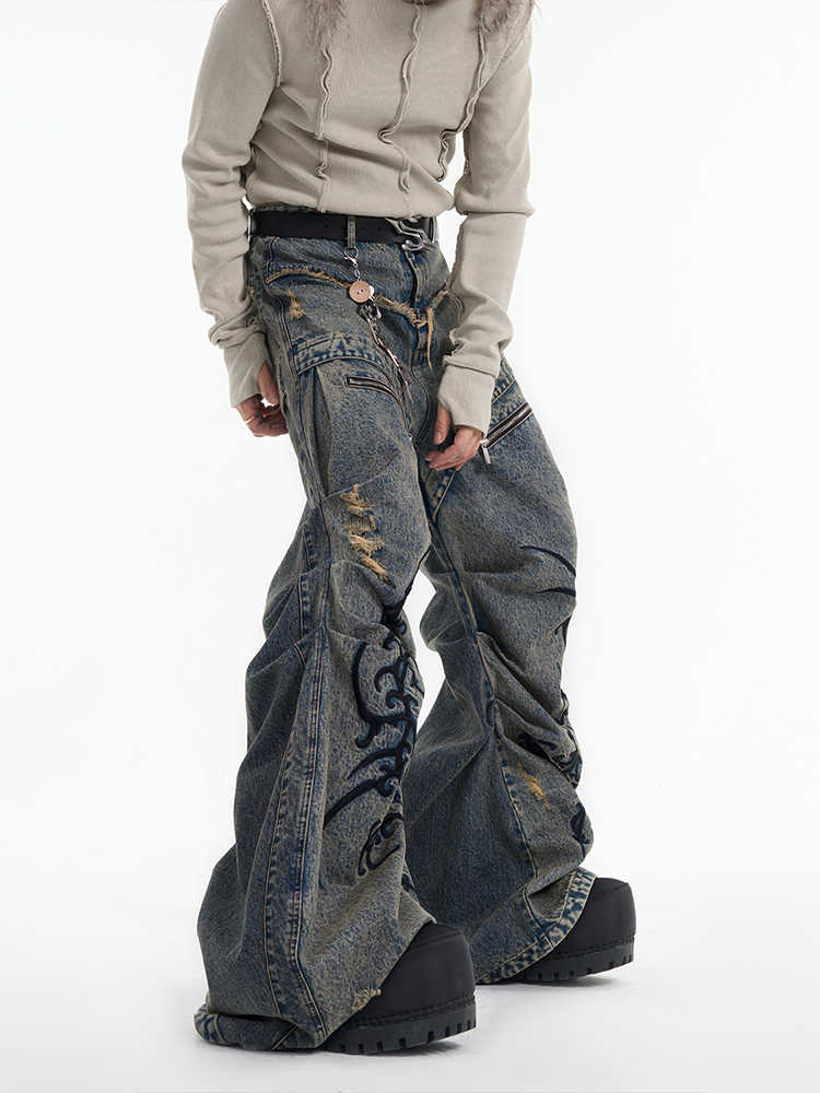 Retro Washed Distressed Zipper Embroidered Pleated Mopping Jeans