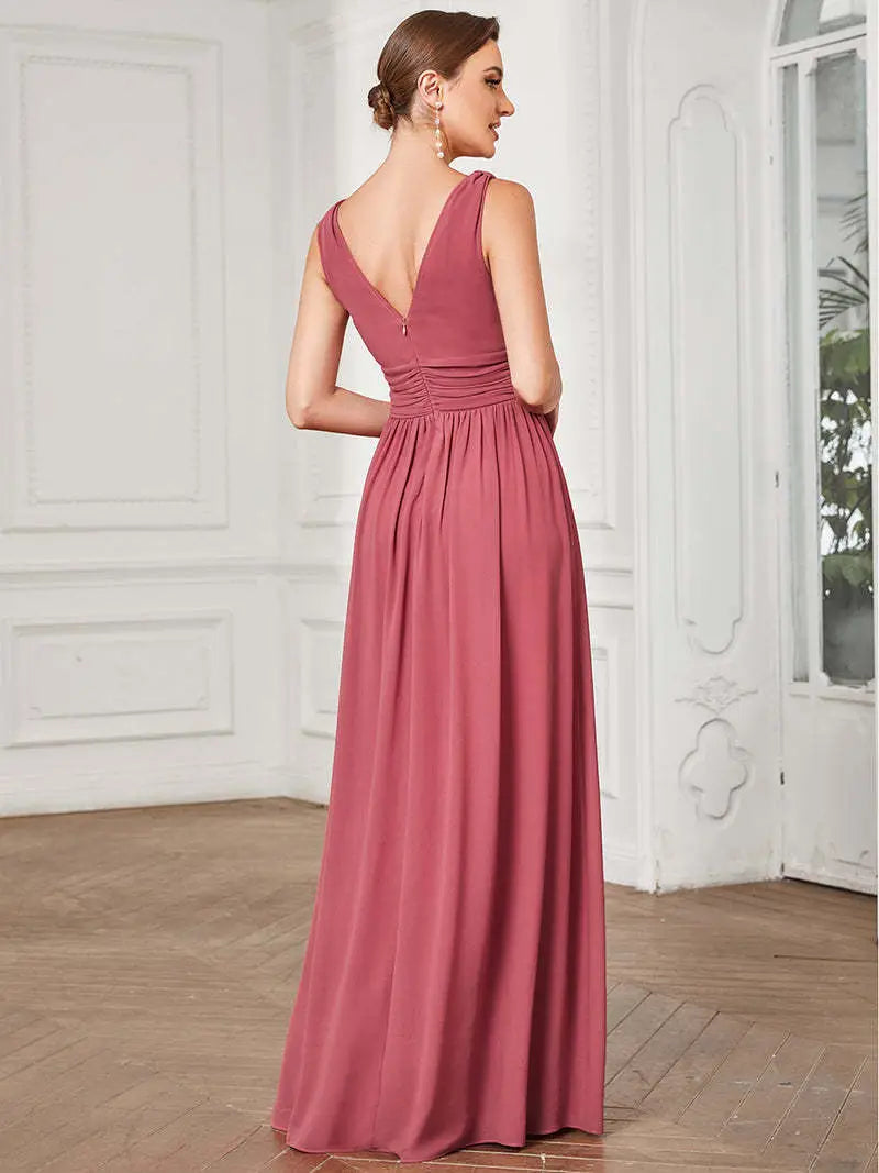 Deep V-neck Bridesmaid Plus Size High Waist Evening Dress