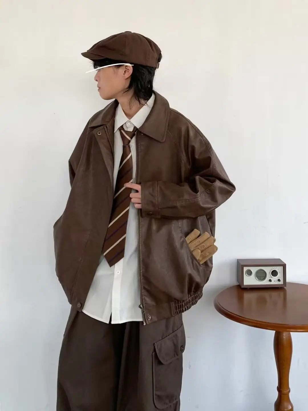 Japanese-style Retro Distressed Lapel Pu Jacket
