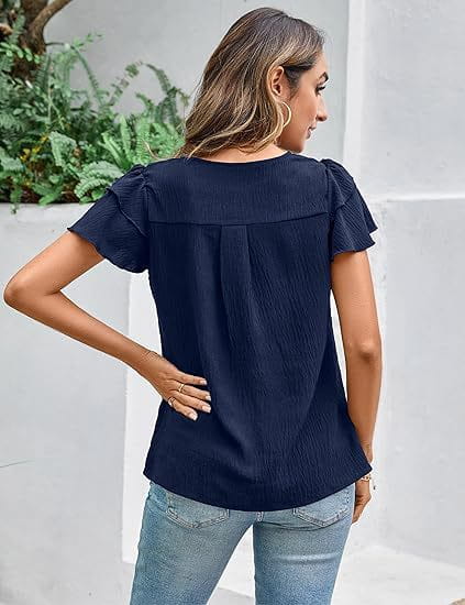 Summer Pleated Short Sleeve Round Neck Top Business Work Shirt