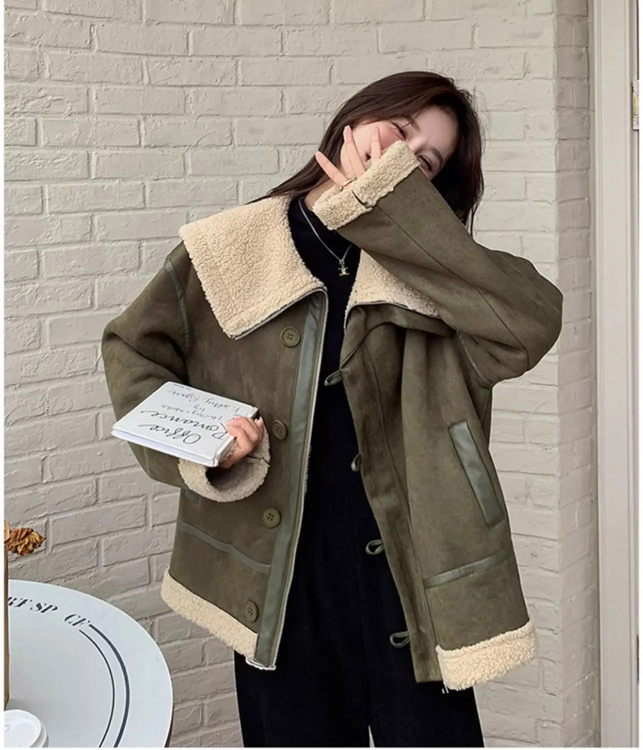 Women’s Korean-style Retro Green Suede Lambswool Coat