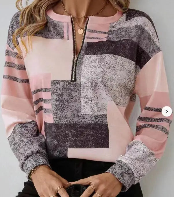 Round Neck Half Zipper Casual Style Polo Shirt Irregular Geometric Top
