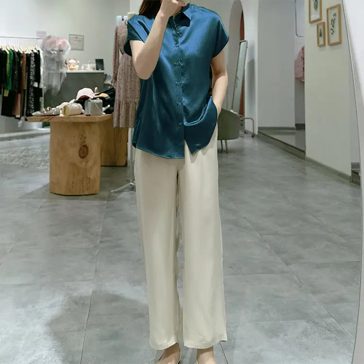 Pearl Satin Shirt Reverse Collar Single-breasted