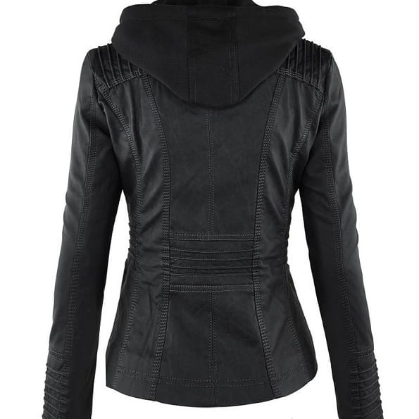 Women’s Detachable Lapel Long Sleeve Solid Color Zipper Leather Jacket Coat