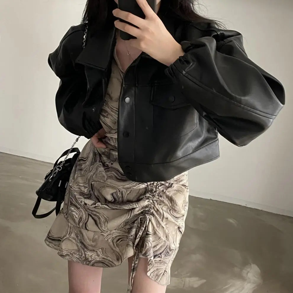 Chic Lapel Double Pocket Leather Top Leather Coat