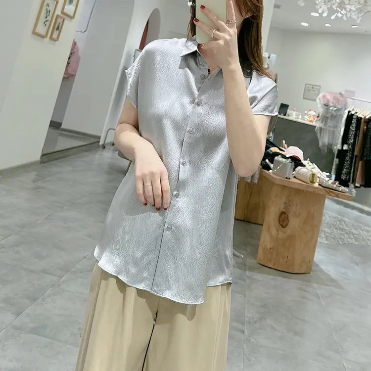 Pearl Satin Shirt Reverse Collar Single-breasted