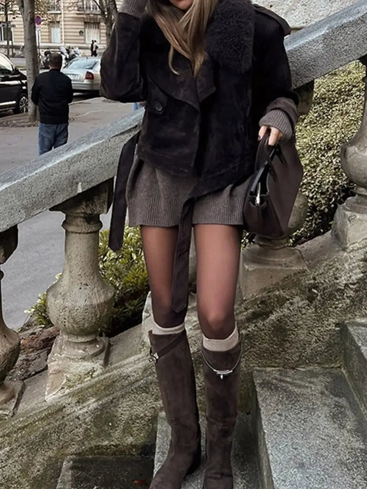 Lapel Suede Long Sleeve Loose And Warm Comfortable Motorcycle Jacket