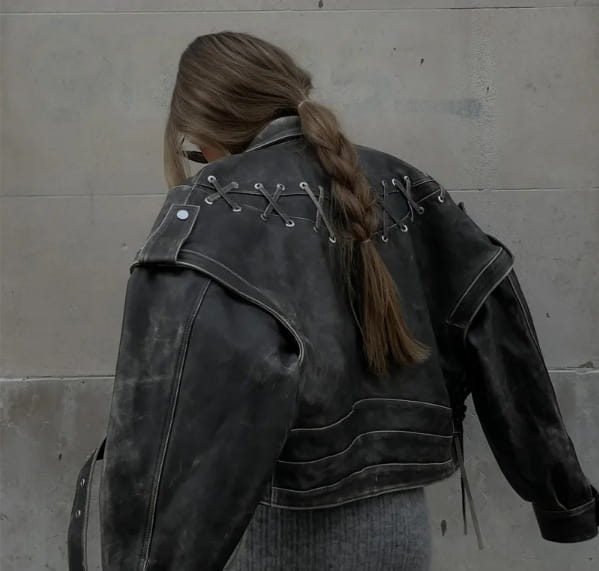 Female Vintage Weave Leather Jacket Coat