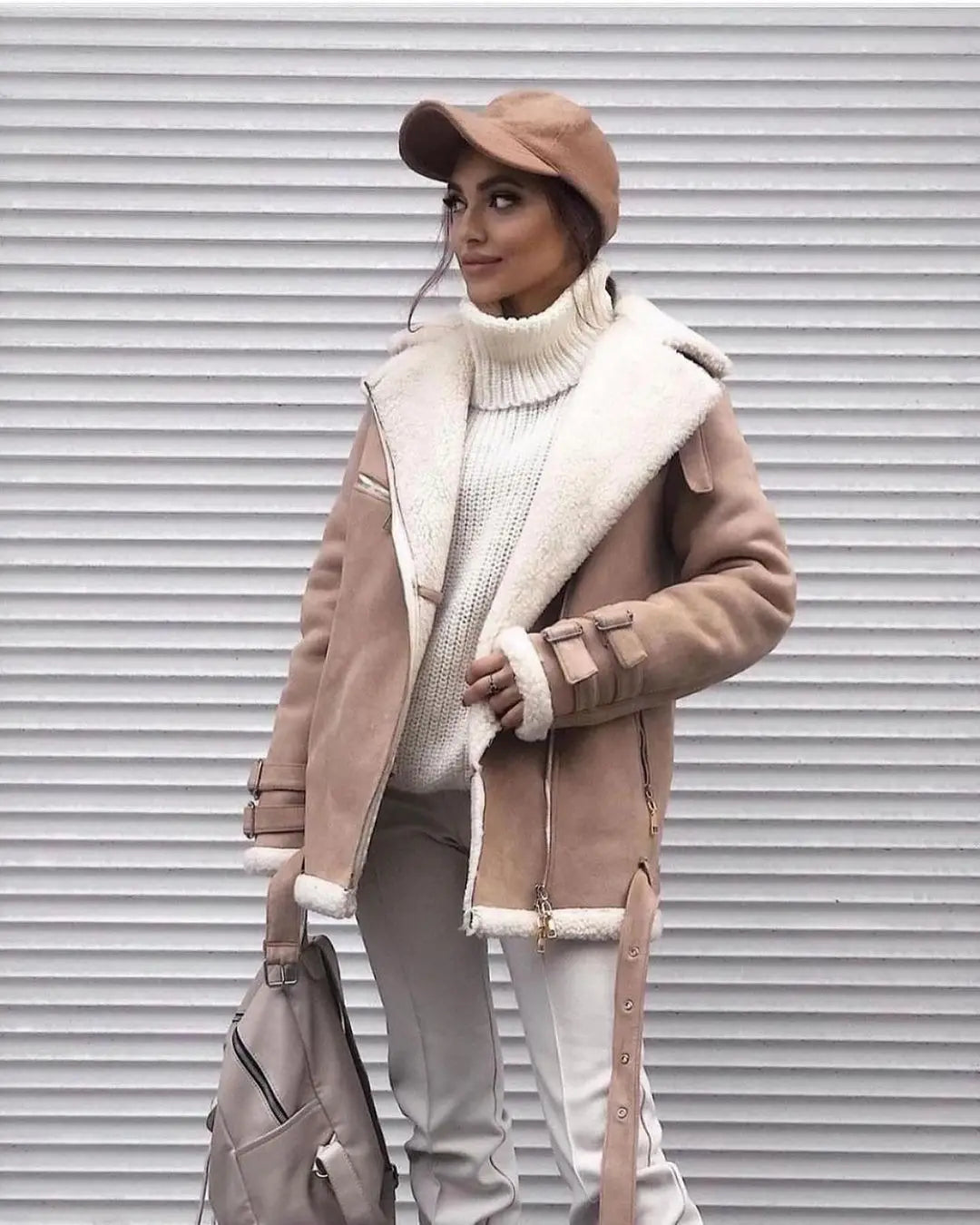 European And American Autumn And Winter Suede Lapel Zipper Cardigan Fashion Long Sleeve Solid Color Coat For Women