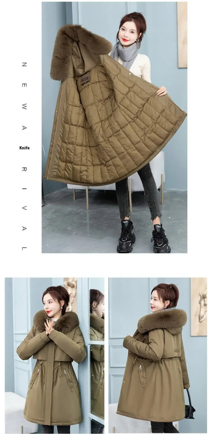 Women’s Mid-length Loose Cotton Coat Fleece-lined Thickened Cinched Coat