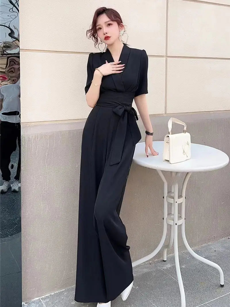Elegant Temperament Pure Color High Waist Slimming Lace-up Wide Leg Jumpsuit