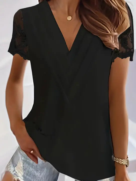 Contrast Lace Tucked Blouse Casual V Neck Short Sleeve Blouse