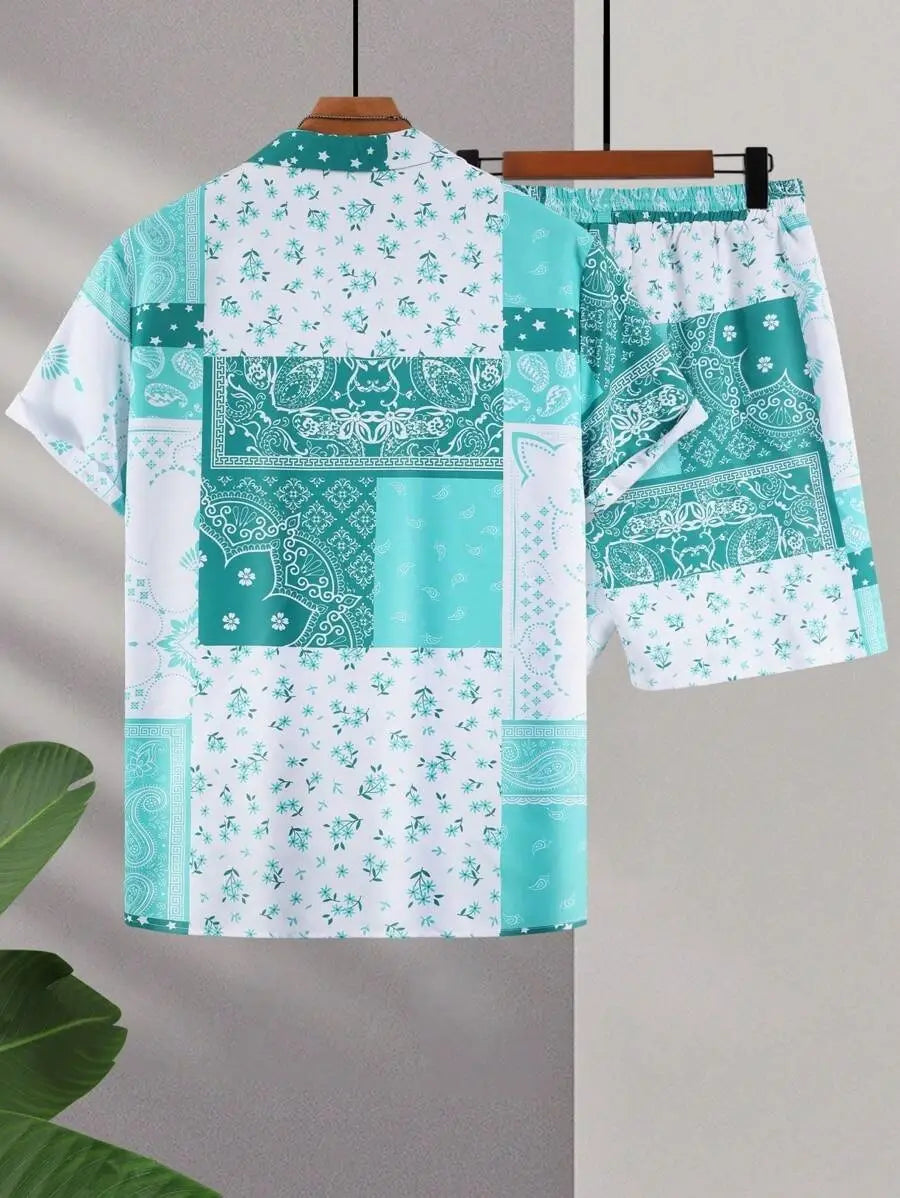 Contrast Color Retro Totem 3D Printed Shirt Shorts 2 Pieces Suit