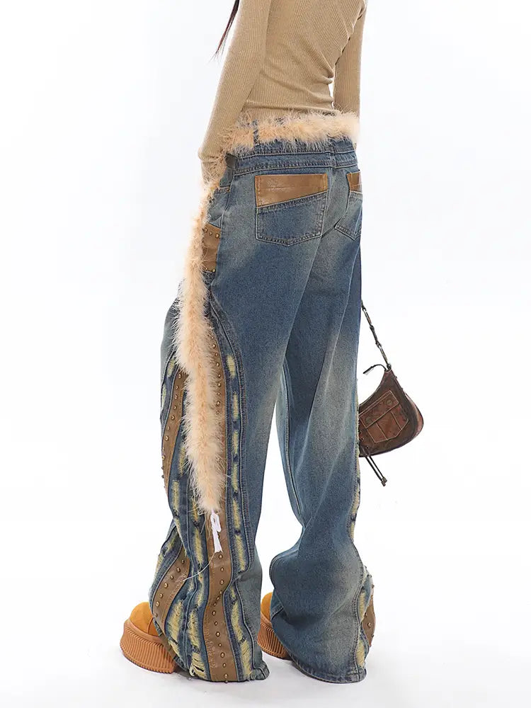 Retro Washed Heavy Niche Deconstructed Leather Patchwork Jeans