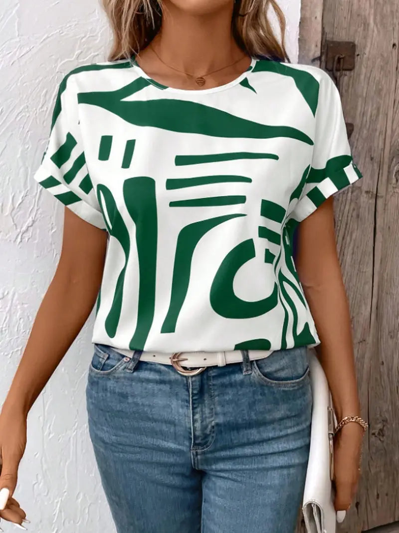 Batwing Sleeve Round Neck Geometric Printed Shirt For Women