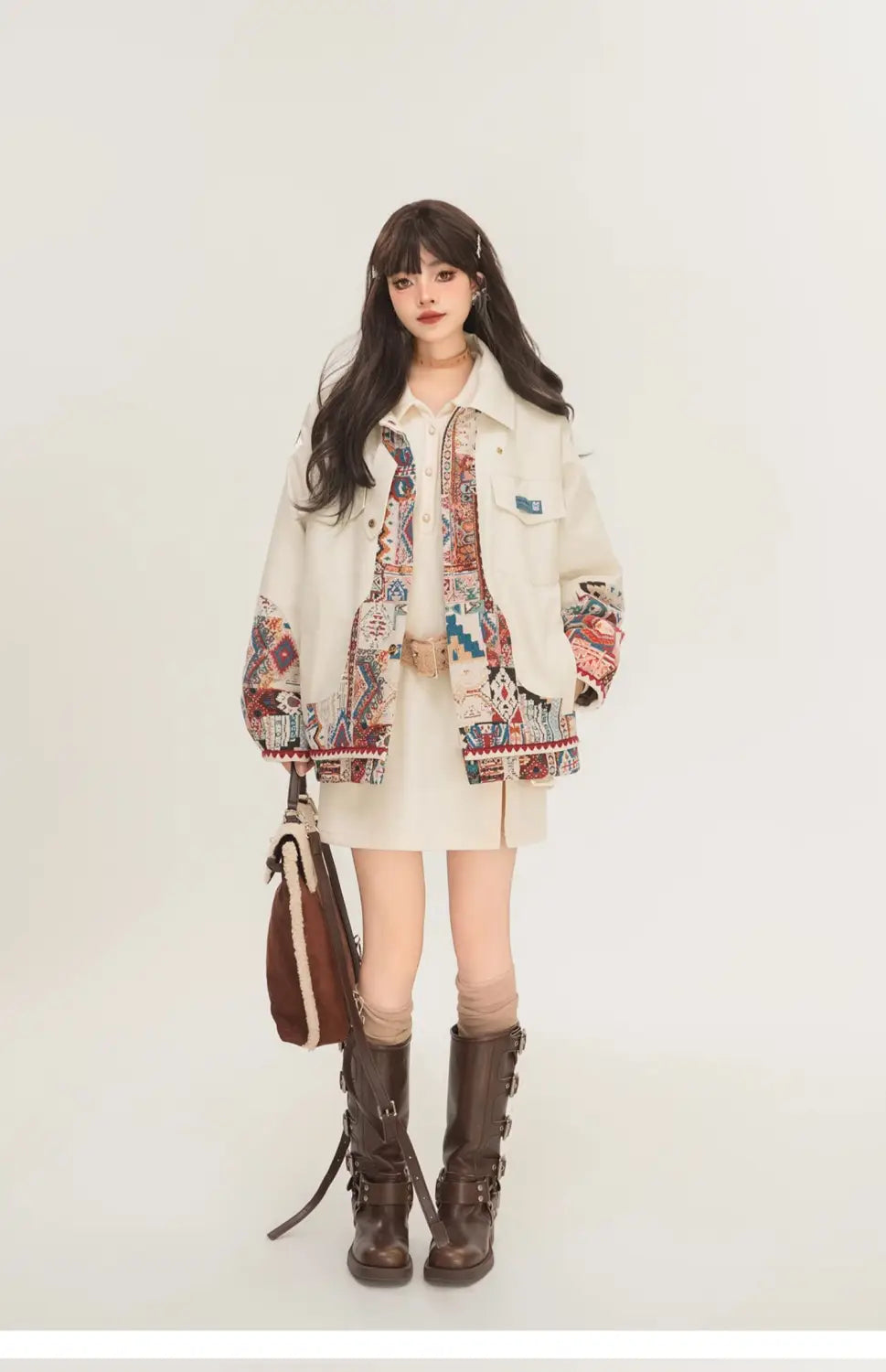 Jacquard Splicing Motorcycle PU Leather Jacket