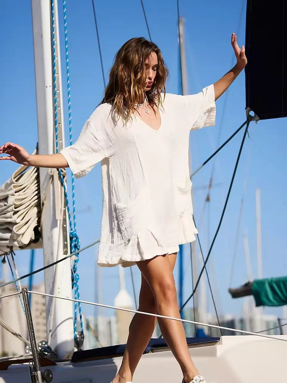 New Slub Cotton Ruffled V-neck Pocket Beach Sun Protection Blouse For Women
