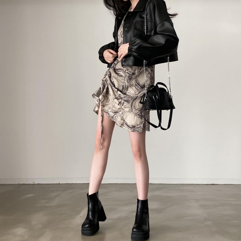 Chic Lapel Double Pocket Leather Top Leather Coat