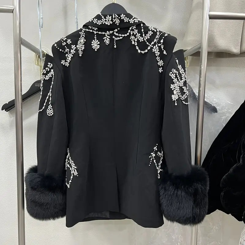 European And American Suit Jacket Women’s Fox Fur Fur Diamond Studded By Hand Plus Cotton Coat