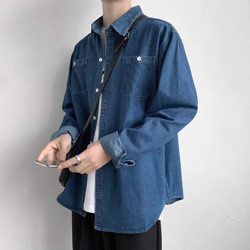 Denim Long Sleeve Shirt Men’s Spring And Autumn Turn-down Collar Coat Japanese Style