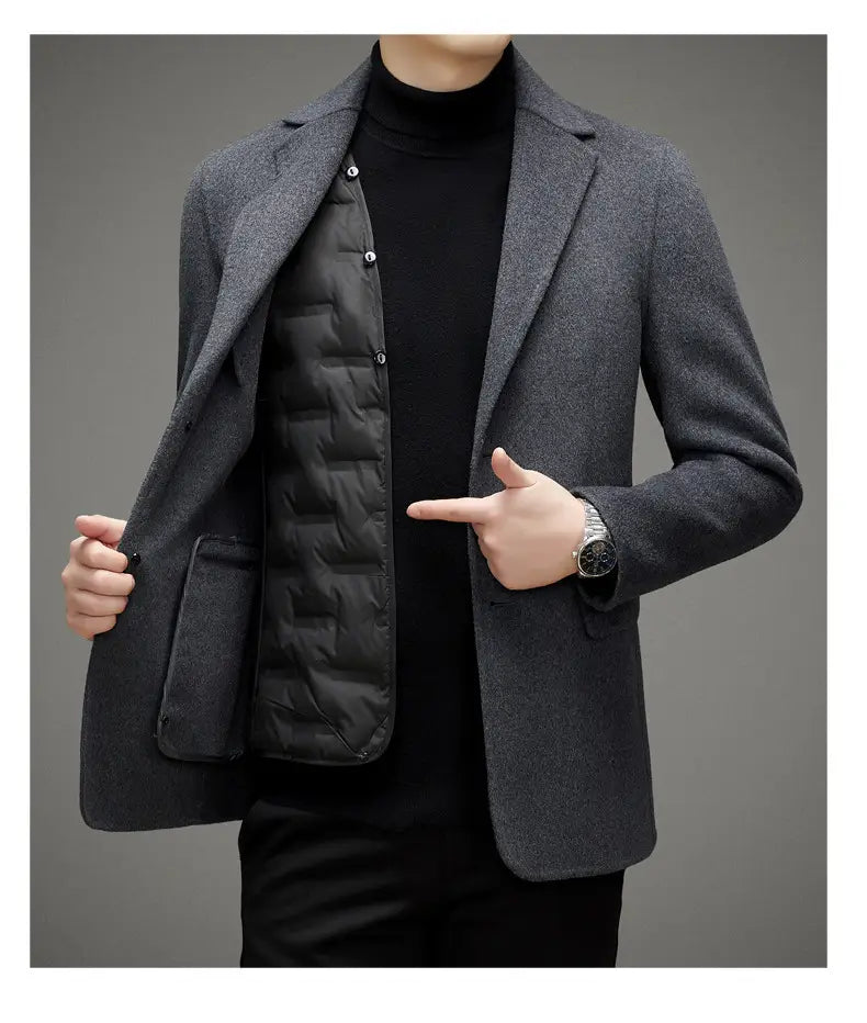 Men’s High-end Suit Reversible Woolen Coat Short Detachable 90 White Duck Down Liner Suit Jacket