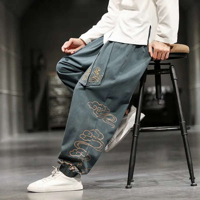 New Chinese Style Men’s Trousers Printed Loose Wide-leg Trousers Plus Size