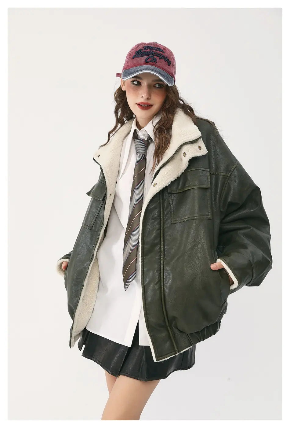 Winter PU Leather Coat Cotton-padded Coat Stand Collar Coat Thickened Lamb Wool